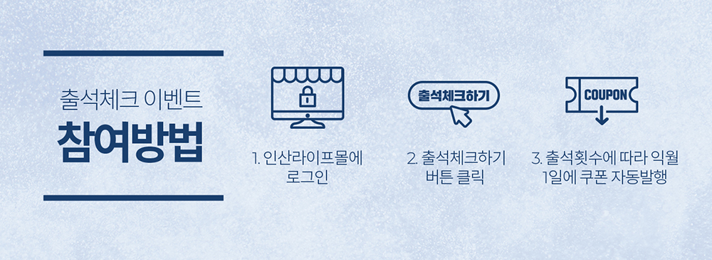 출석체크 이벤트 참여방법 1.인산라이프몰에 로그인, 2.출석체크하기 버튼 클릭, 3.출석횟수에 따라 익월 1일에 쿠폰 자동발행